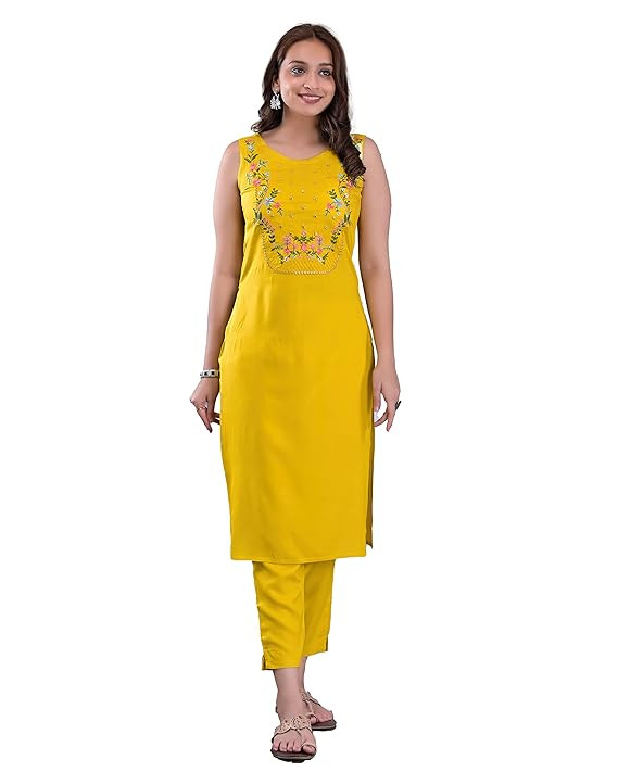 Clothy N Wave Women's Rayon Embroidered Mustard Kurta Pant set (KP135Musterd)