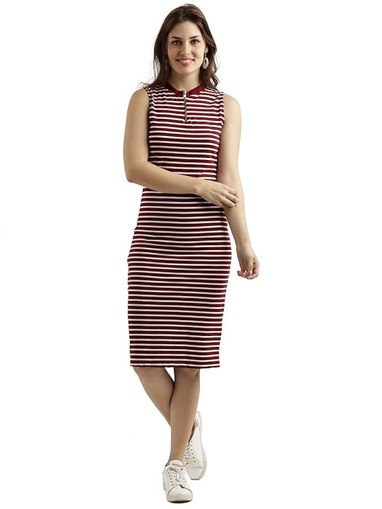 Miss Chase Women's Comfortable Round Neck Sleeveless Striped Midi Bodycon Dress with Zipper