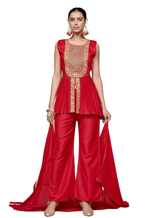 EthnicJunction Women's Cotton Silk Embroidered A-line Kurta Palazzo with Dupatta Set