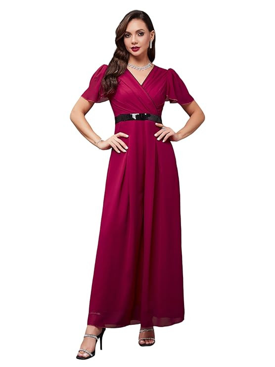 Miss Chase Women's Solid Relaxed Fit Short Sleeve V-Neck Straight Jumpsuit with Pockets
