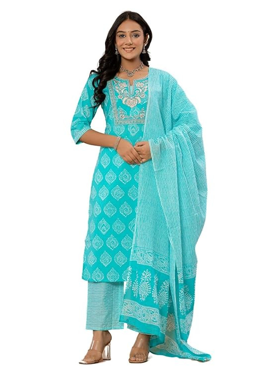 Amayra Women's Cotton Embroidered Straight Kurta with Palazzo Pant and Dupatta Set
