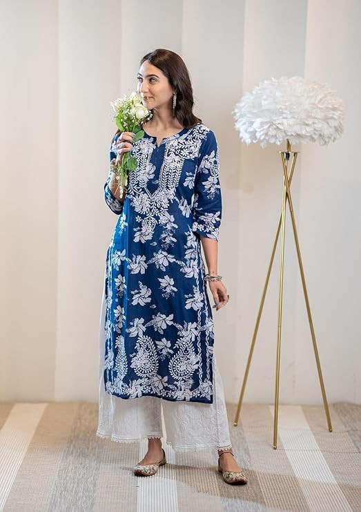 GoSriKi Women's Rayon Blend Chikankari Embroidered Straight Kurta