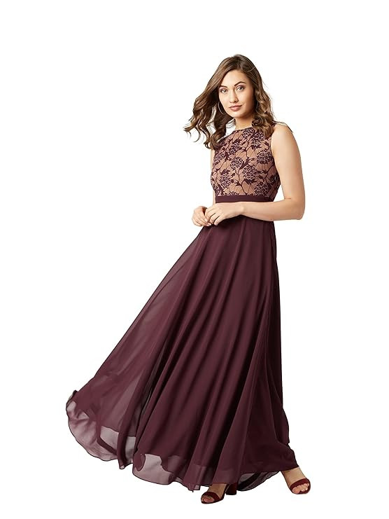 Miss Chase Women's Brick Red & Dusty Green Boat Neck Sleeveless Self Design Lace Overlaid Regular Dress