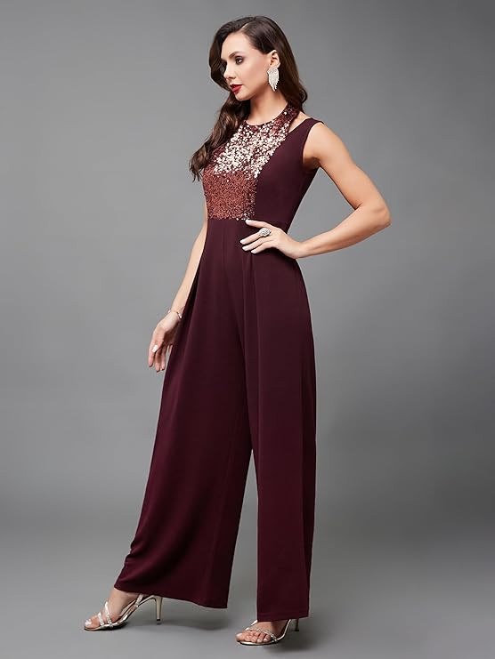 Miss Chase Women's Halter Neck Sleeveless Solid Pleated/Wide Leg Sequin Panelled Regular Length Jumpsuit