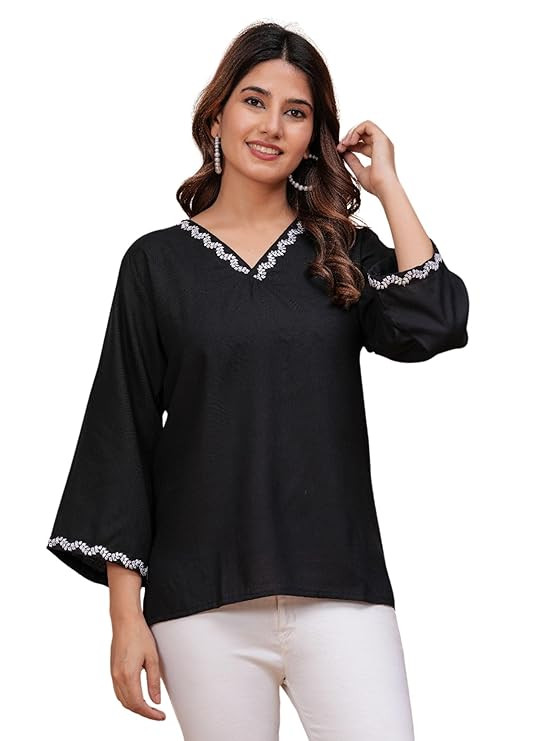 Women's Casual Rayon 3/4 Sleeves V Neck Western Plain Top for All Festive