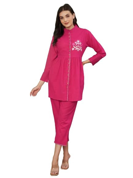 Aaheli Women's Pink Embroidered Co-Ord Set | Co-ord Set With Pant And Top