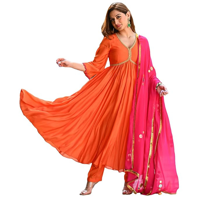 GoSriKi Women's Rayon Blend Anarkali Solid Kurta with Pant & Dupatta