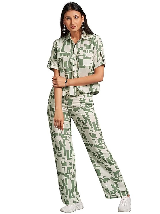 HOUSE OF MIRA Women's Printed Shirt Collar Half Sleeves Co-Ord Set