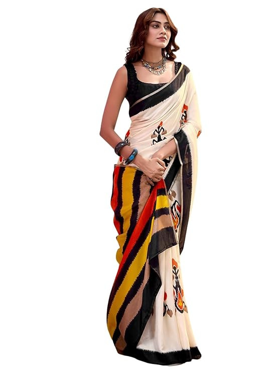 atrani Women's Cotton Silk Ikkat Printed Saree with Unstitched Blouse Piece
